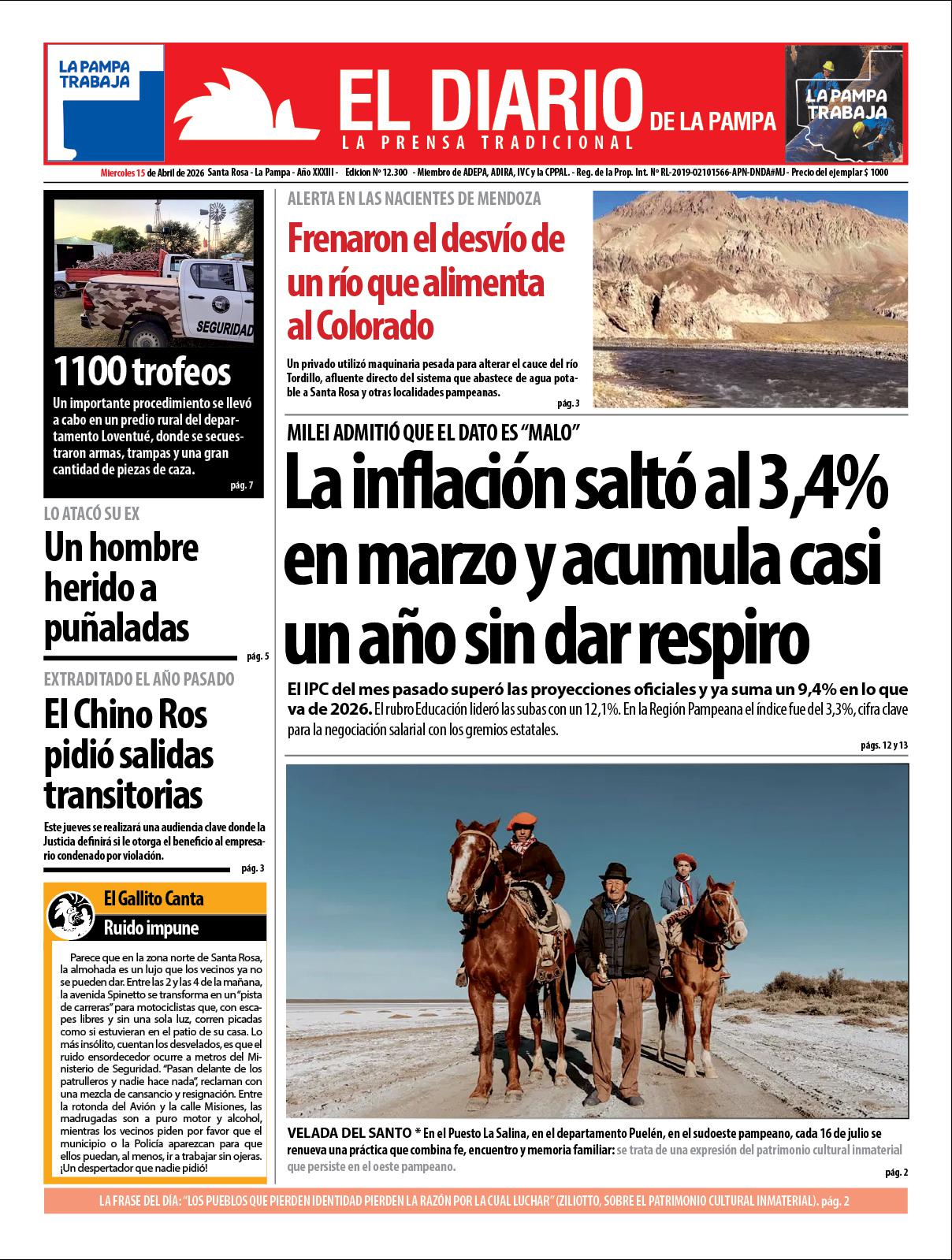 Tapa de El Diario en papel  mieacutercoles 15 de abril de 2026